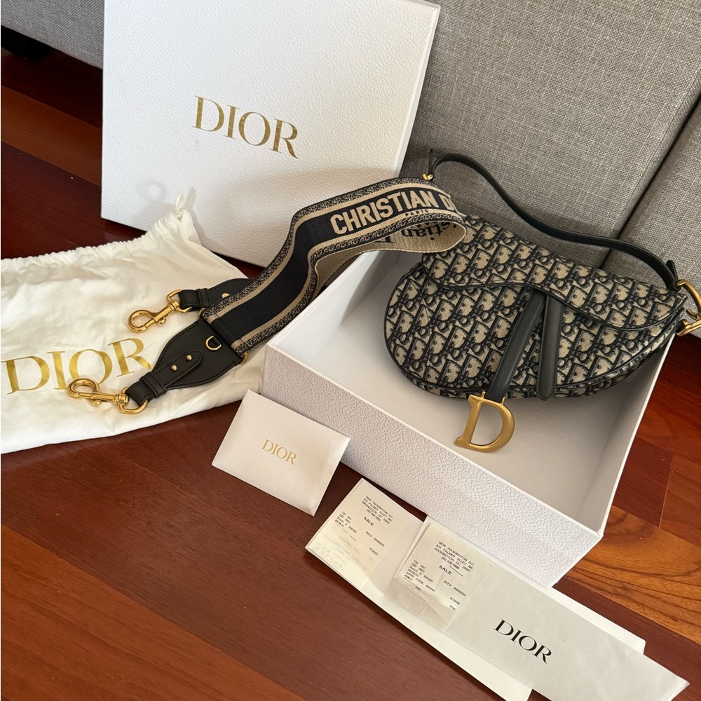 Christian Dior Saddle Bag – Oblique Canvas with Gold Hardware + Logo Strap